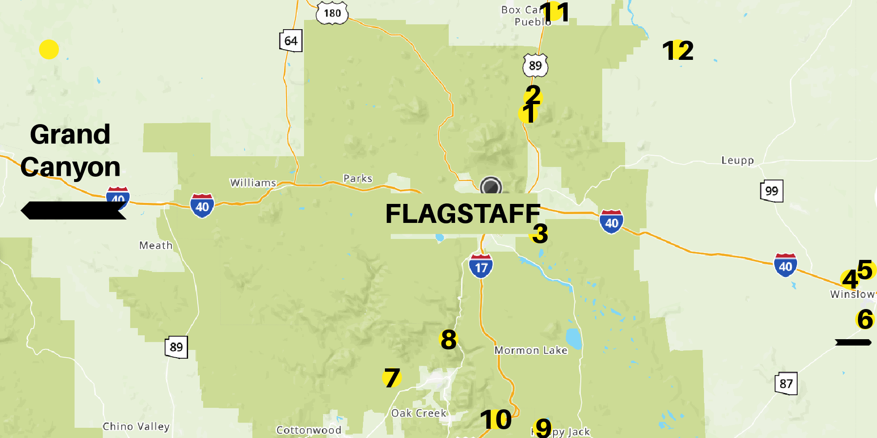 map of day trips from Flagstaff