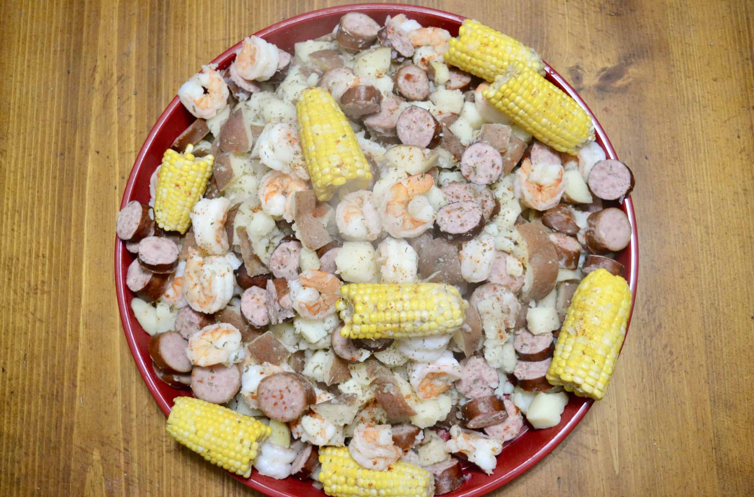 hot Authentic Cajun Louisiana Shrimp Boil on a platter