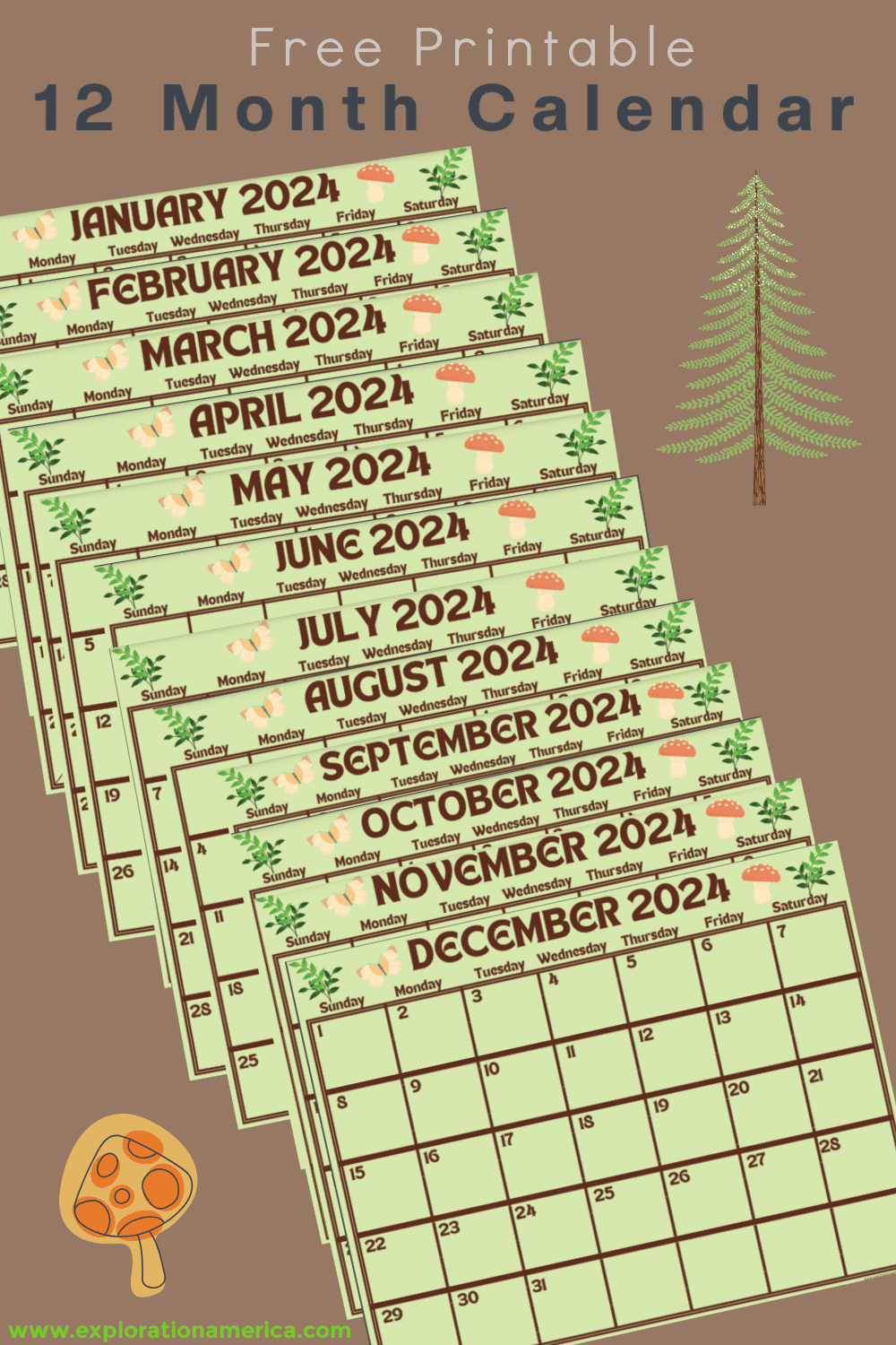 Free Printable Calendar 2024 - Nature Themed